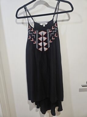 Black Embroidered Spaghetti Strap Tunic Dress
